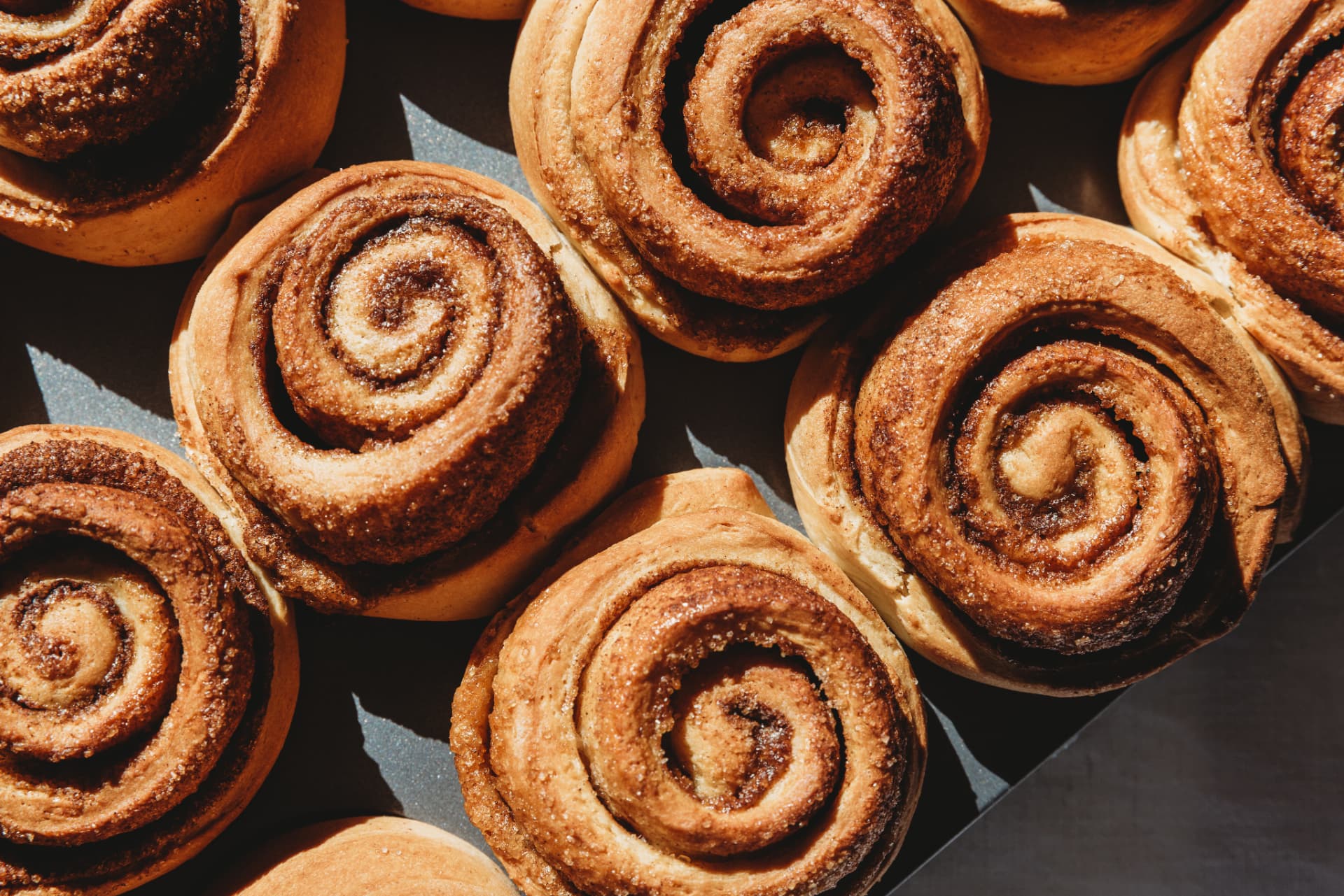 Fresh cinnamon rolls arranged together