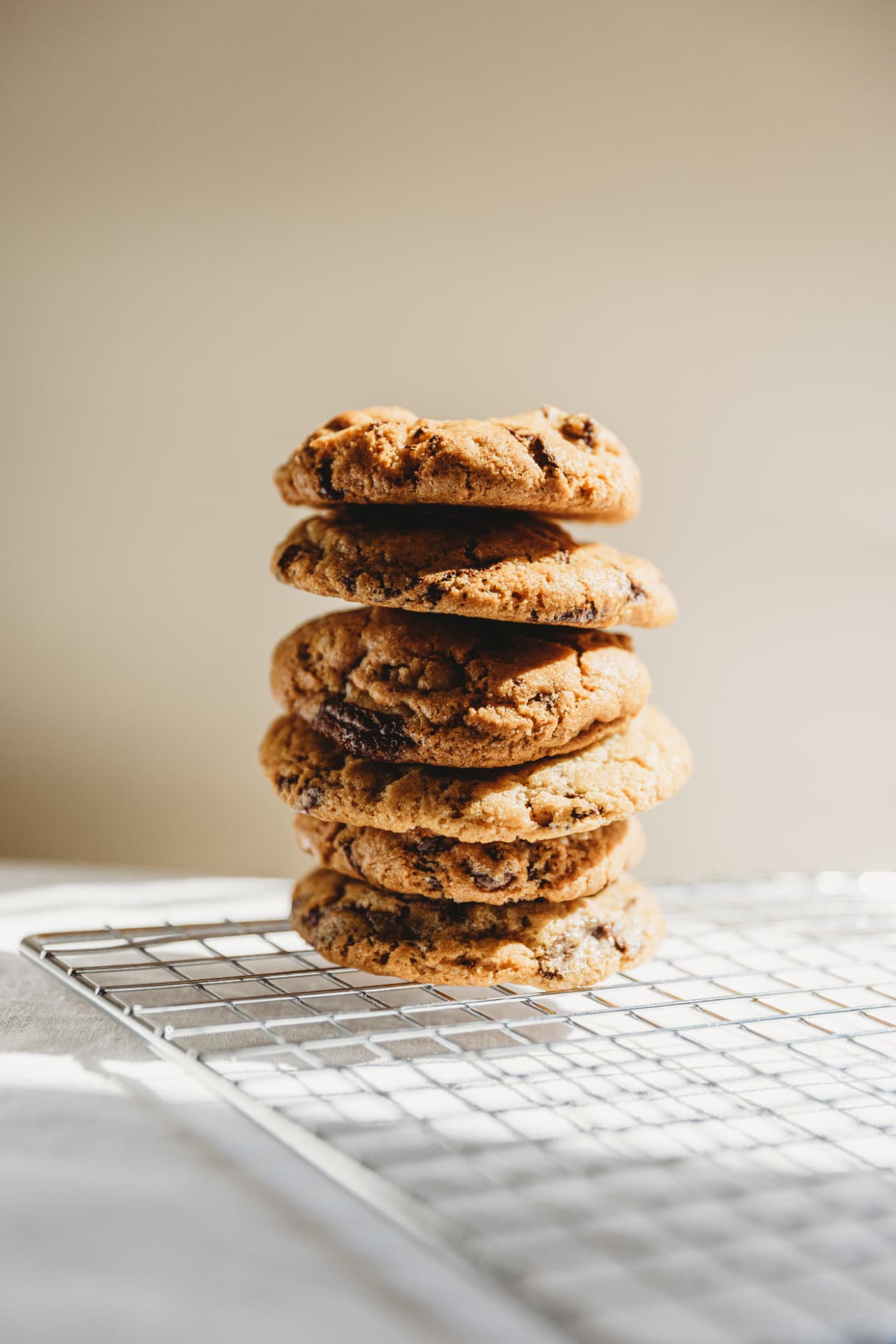 Stack of freshly baked chocolate chip cookies