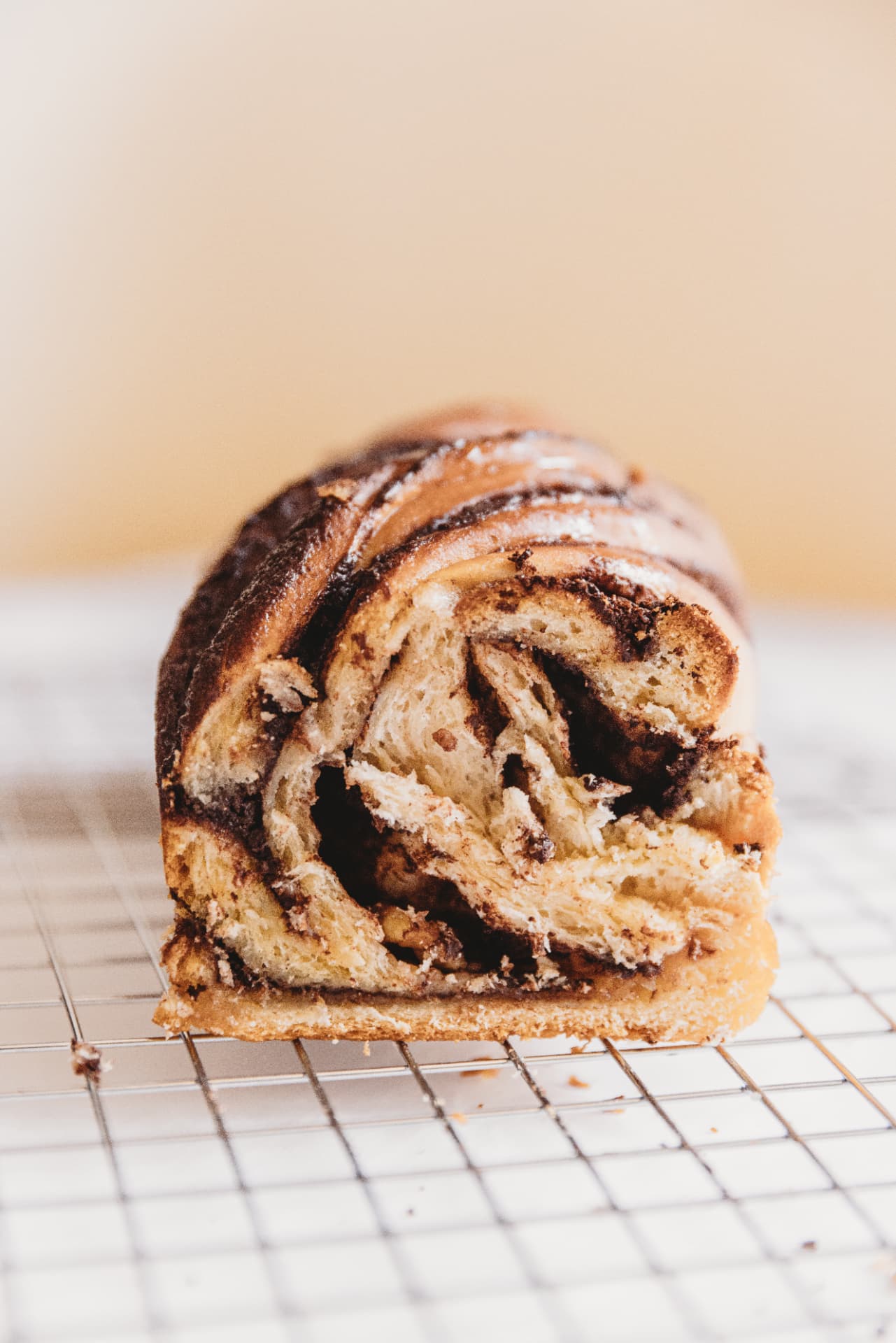 Chocolate babka cooling on a wire rack